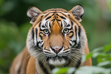 Naklejka premium Majestic tiger in the jungle with stripes and vibrant eyes, exploring its natural wildlife habitat