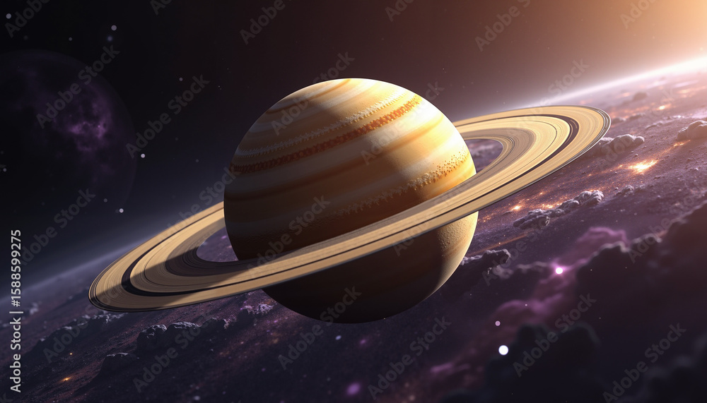 Poster saturn planet with rings floating in deep space background