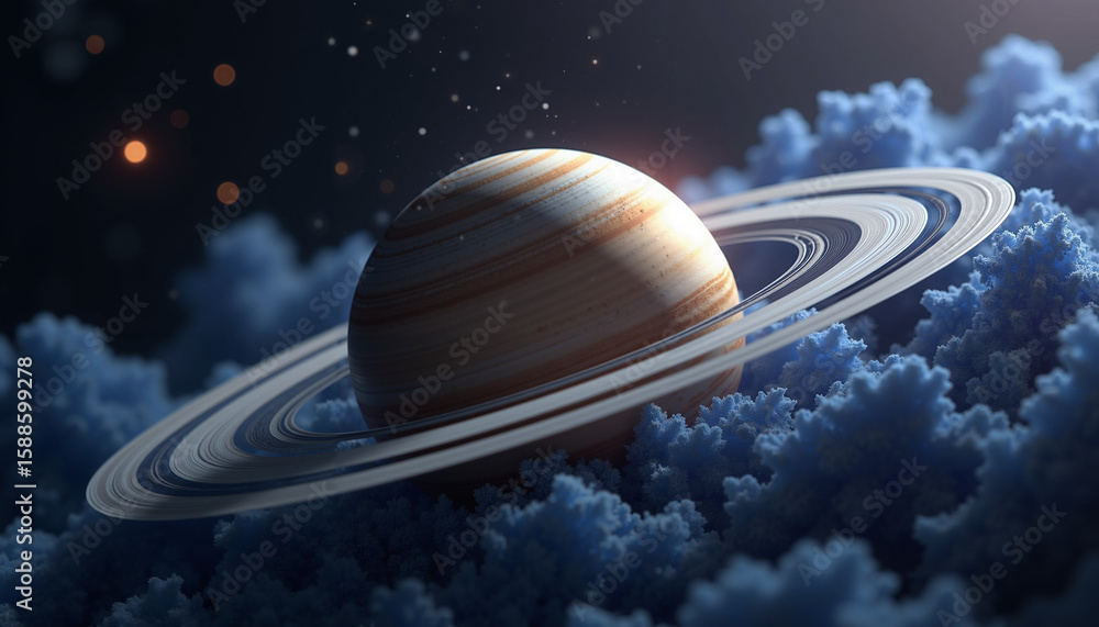 Poster saturn with rings illuminated in deep space surrounded by clouds