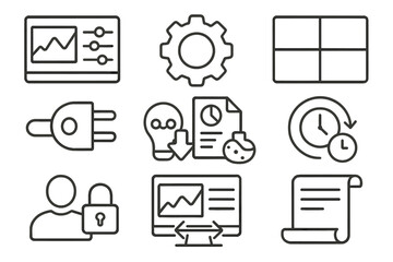 Business and analytics outline icon set. data, chart, finance line style collection
