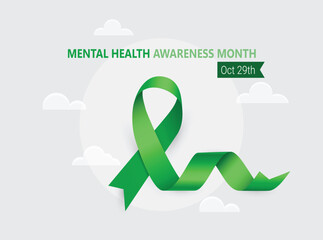 Green silky ribbon for mental health month of October. Curly green silky ribbon. Vector illustration.