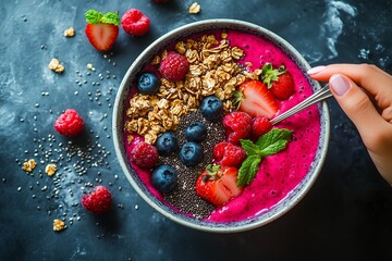 Top view of a vibrant smoothie bowl with blueberries, raspberries, granola, chia seeds, and strawberries. Ideal for healthy food blogs, nutrition ads, or wellness editorials.