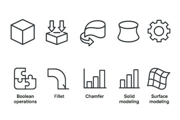 3d modeling tools icon set. cad, boolean, solid modeling, chamfer line style icons