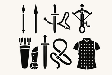 Medieval weaponry silhouette icon set. swords, armor, and crossbows collection