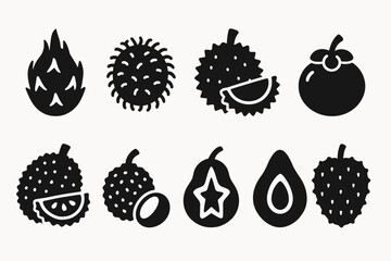 Exotic fruit silhouette icon set. dragon fruit, mangosteen, lychee, durian, papaya icons