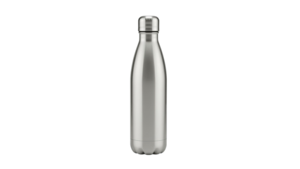 A sleek, stainless steel water bottle standing upright, showcasing a modern design and a shiny finish.