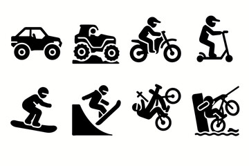 Adventure sports silhouette icon set. skateboarding, biking, skiing silhouette collection