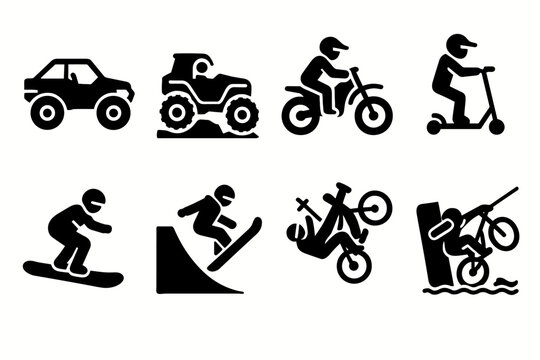 Adventure sports silhouette icon set. skateboarding, biking, skiing silhouette collection