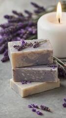 Lavender Soap on Natural Stone with Candle and Flowers