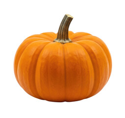Bright orange pumpkin with ridges and a sturdy stem cutout isolated on transparent bg, cutout png
