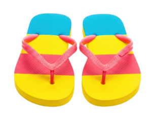 Colorful striped flip flops with pink, yellow, and blue design isolated on transparent bg, cutout png