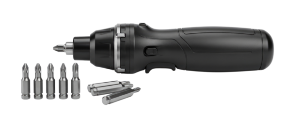 Electric screwdriver with multiple bits isolated on transparent bg, cutout png