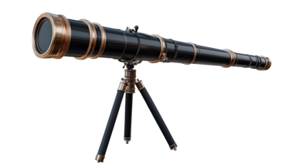 A high quality refracting telescope with black and chrome finish on white background