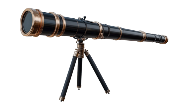 A high quality refracting telescope with black and chrome finish on white background
