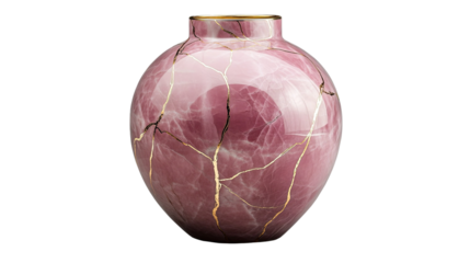 A glossy pink marble vase with gold cracks reflecting elegance on white background
