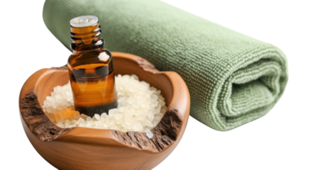 Essential oil bottle on salt in wooden bowl with green towel isolated on transparent bg, cutout png