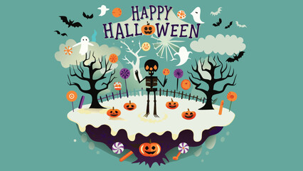 Happy halloween scene with skeleton, pumpkins, ghosts, bats, trees and candy on a floating island