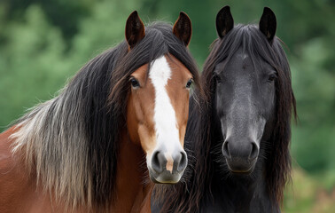 Fototapeta premium two horses of same colors stand together one brown with white on its forehead