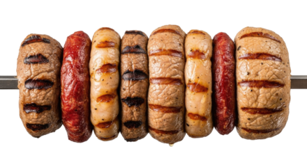 Grilled meat skewers featuring assorted sausages and cuts aligned on a skewer cutout isolated on transparent bg, cutout png