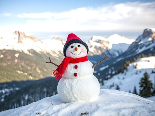 Snowman in snowy mountains. AI-generated
