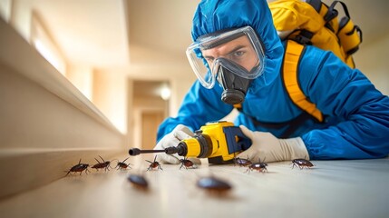 Pest Control Specialist Spraying Insecticide Solution Indoors for Effective Pest Extermination