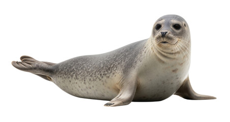 Gray seal resting on a smooth surface with calming expression isolated on transparent bg, cutout png