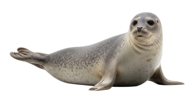 Gray seal resting on a smooth surface with calming expression isolated on transparent bg, cutout png