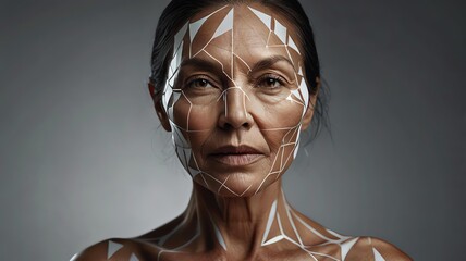 Conceptual artwork Abstract face painting design on elderly woman.