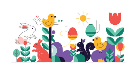 Obraz premium Bright easter celebration with animals and flowers in a sunny spring garden