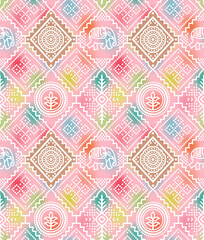 Colorful tie dye shibori print. Seamless hand drawn boho batik pattern. Ink textured japanese background. Modern batik wallpaper tile. Watercolor pattern for fabric, clothes, wallpaper.seamless