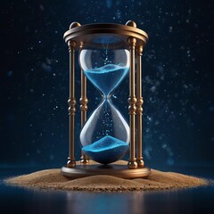 conceptual artwork Elegant hourglass on sand with blue background.
