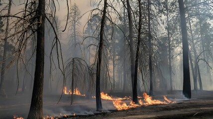 Flames engulf the forest floor as smoke rises through the trees during a wildfire