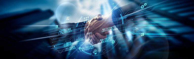 Machine learning concepts, predictive modeling, and handshakes of global network connections boost automation, accuracy, insights, analytics, decisions, and performance.