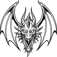 Fototapeta premium Black and White Dragon Head with Wings – Fantasy Monster Vector Illustration. Tribal tattoo design with wings vector illustration of a black tribal tattoo symbol and decorative elements
