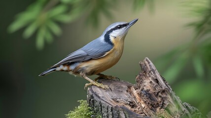 Obraz premium A eurasian nuthatch perched on a mossy tree trunk in its natural habitat