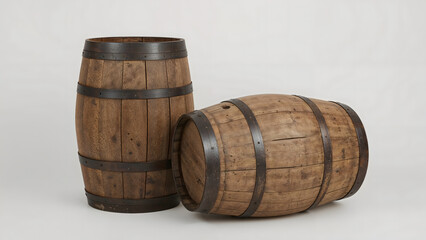 Fototapeta premium Pair of Aged Wooden Barrels, One Standing Upright