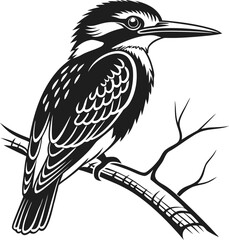 Obraz premium Kingfisher Bird on Branch – Black and White Vector Illustration