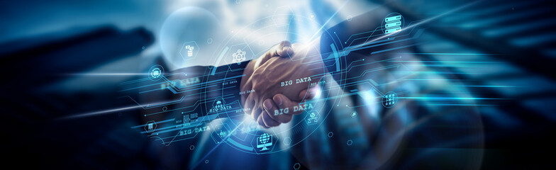 Big Data concept, massive analytics, handshake of global network connection processing volume,...