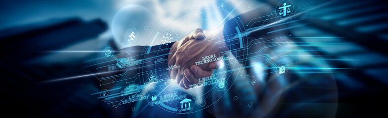 Legal Technology concept, smart contracts, handshake of global network connection streamlining documents, compliance, AI, research, ethics, casework.