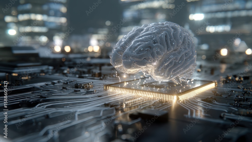 Poster futuristic brainpower: a translucent brain rests on a glowing circuit board, symbolizing advanced ar