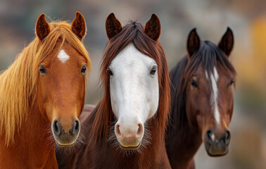 Obraz premium Three horses of same colors stand together one brown with white on its forehead