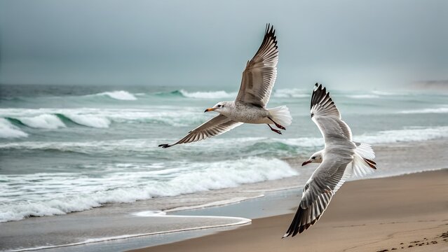 Photograph of two seagulls flying over a beach with ocean waves in the background