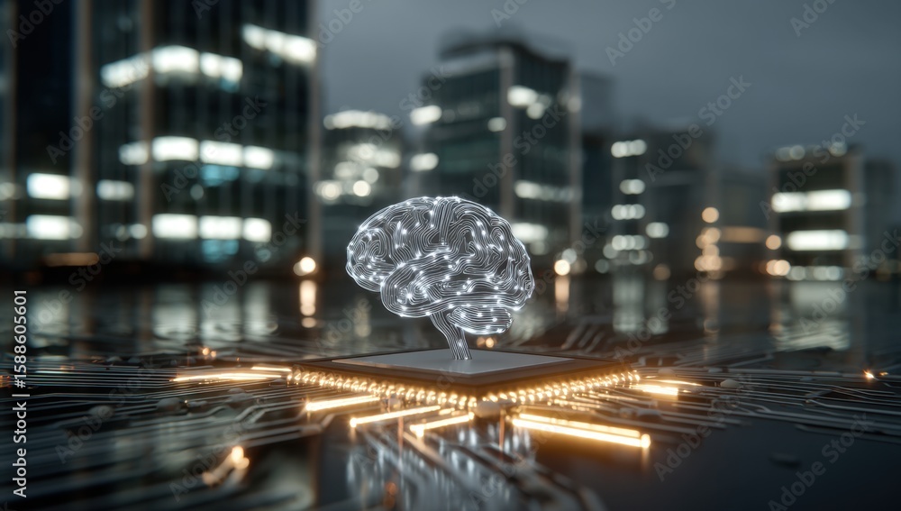 Poster futuristic cityscape backdrop showcases a glowing brain circuit, symbolizing artificial intelligence