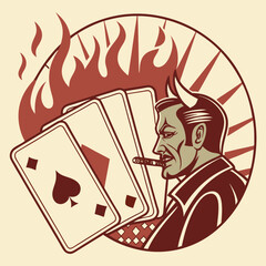 Retro Devilish Gambler: Vintage Style Illustration, Playing Cards, Cigar, Flames, Bold Graphic Design