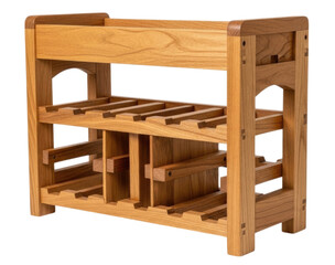 This wooden storage rack features slatted shelves ideal for organizing items