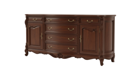 Classic wooden sideboard with ornate carvings and multiple drawers isolated on transparent bg, cutout png
