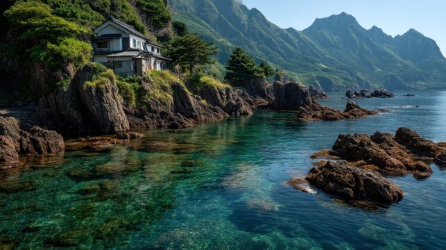 Seaside Serenity: A Coastal Home Perched Above Tranquil Waters and Rocky Shores