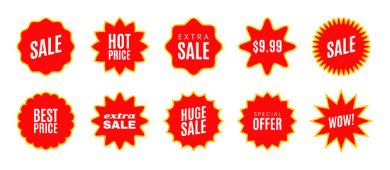 Set of new stickers, sale tags and labels. Shopping stickers and badges for merchandise and promotion, special offer, new collection, discount etc. Red stickers for web banners
