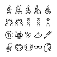 高齢者介護の基本介助のイラストのアイコンセット