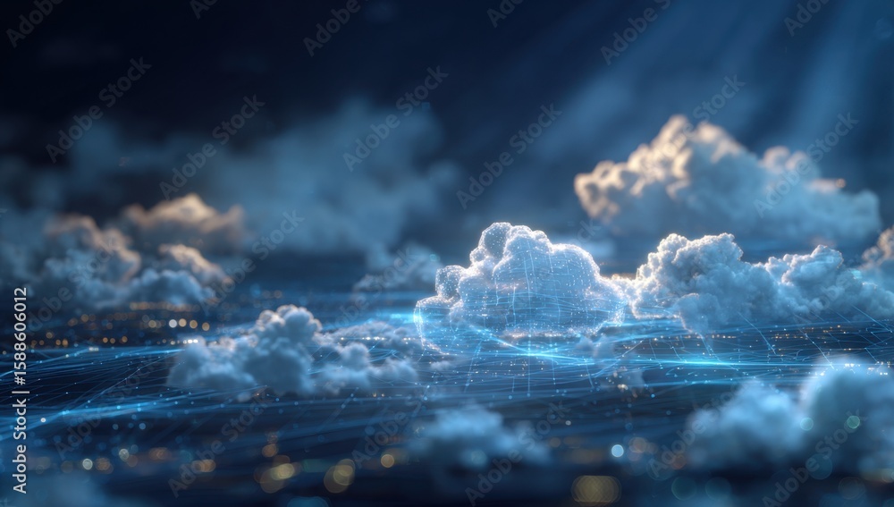 Aufkleber futuristic cloud computing network: digital data flows across a night sky